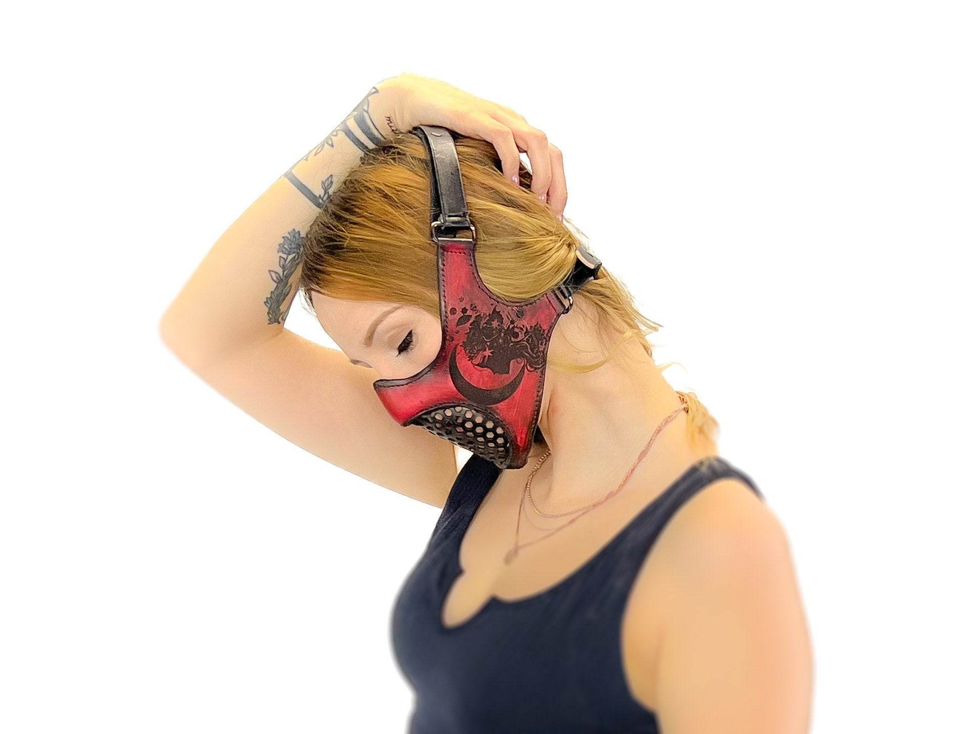 Fully Customizable and Personalizable Four Point Handcrafted Genuine Leather Mouth Riding Mask - Tan