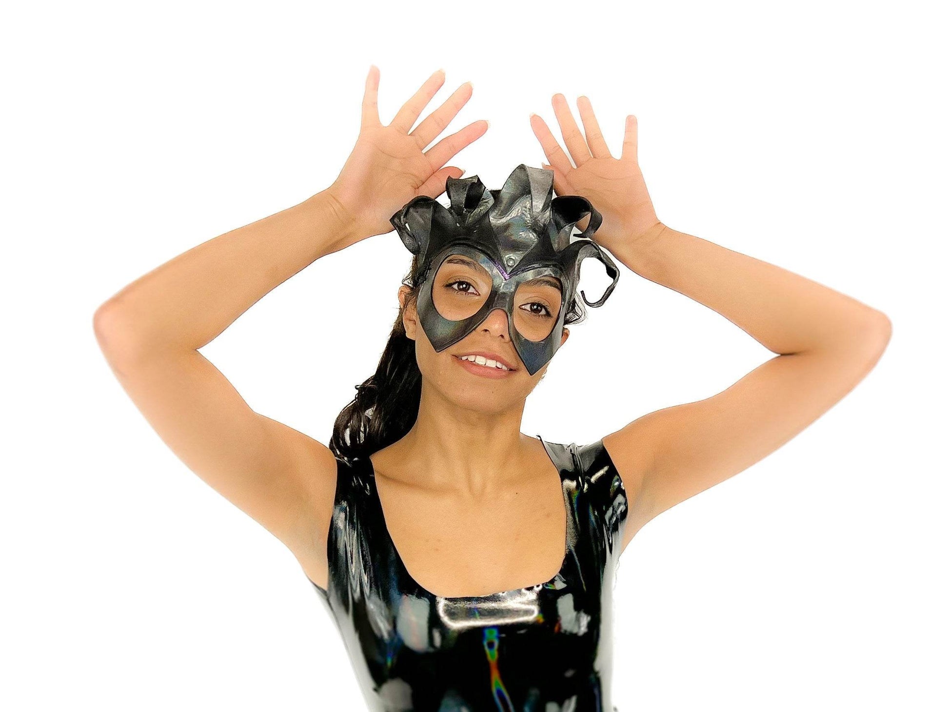 Handmade Genuine Leather Five Point Jester Mask in cosmic silver and Black No Bells - 