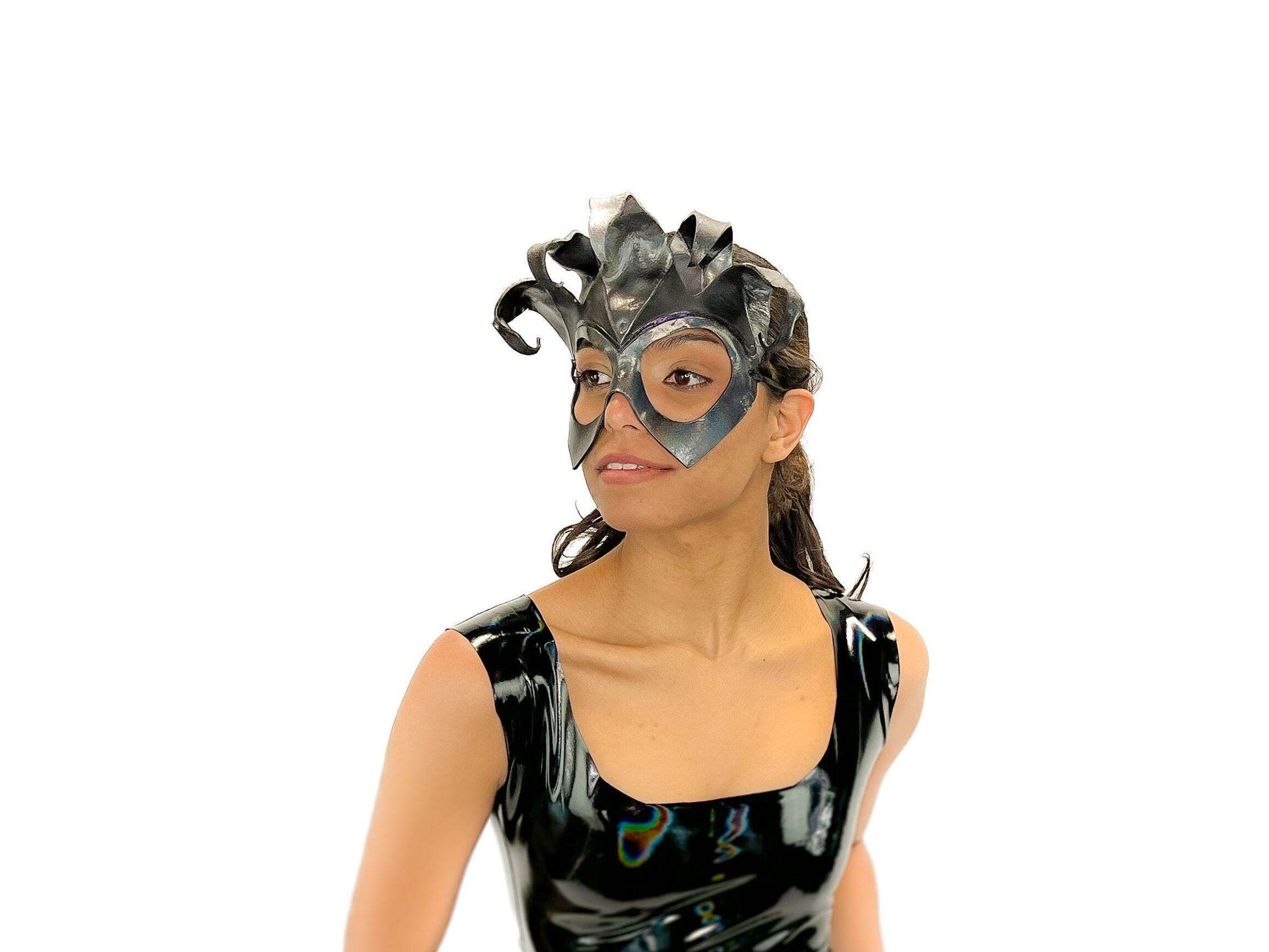 Handmade Genuine Leather Five Point Jester Mask in cosmic silver and Black No Bells - 