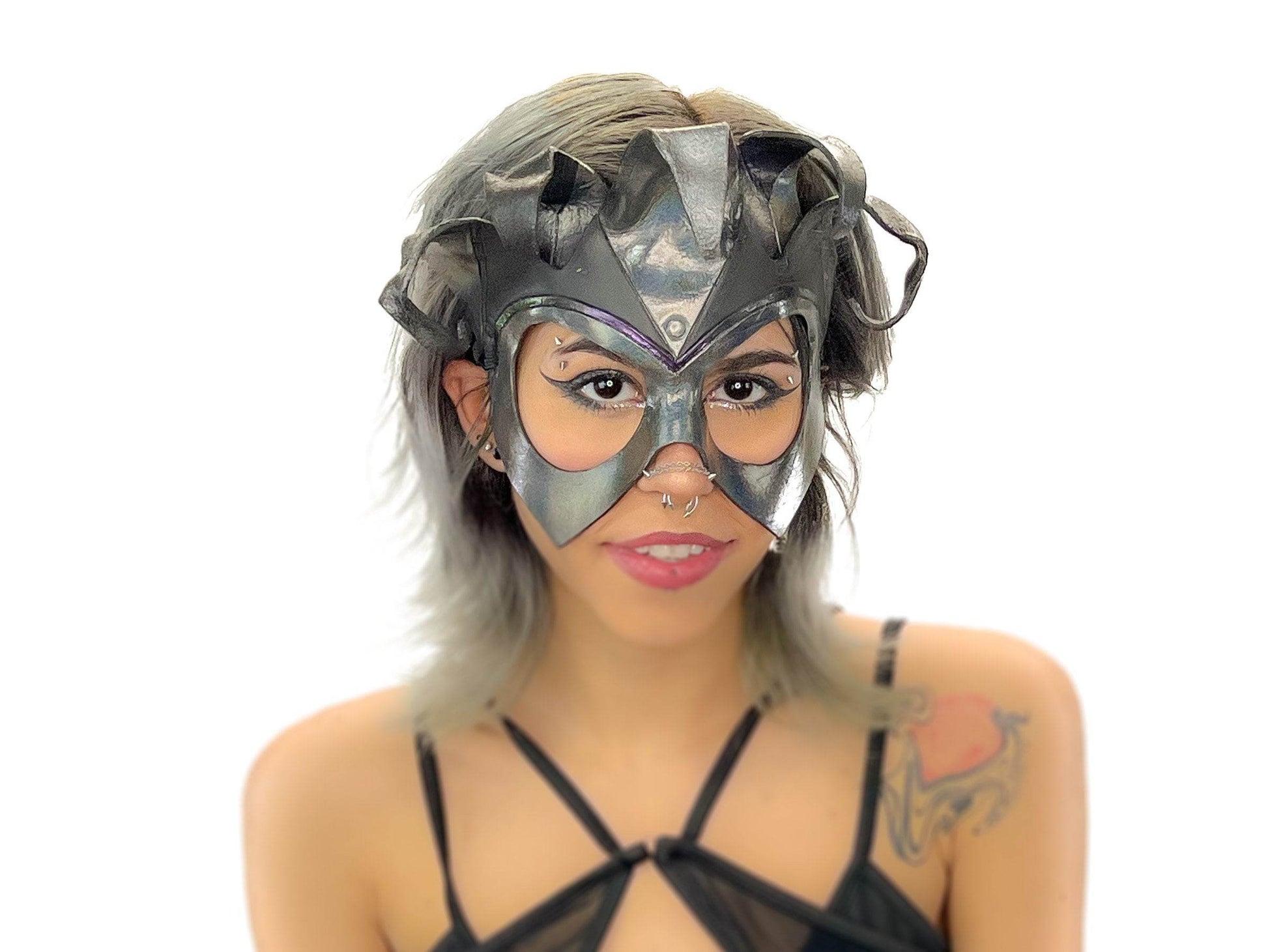 Handmade Genuine Leather Five Point Jester Mask in cosmic silver and Black No Bells - 
