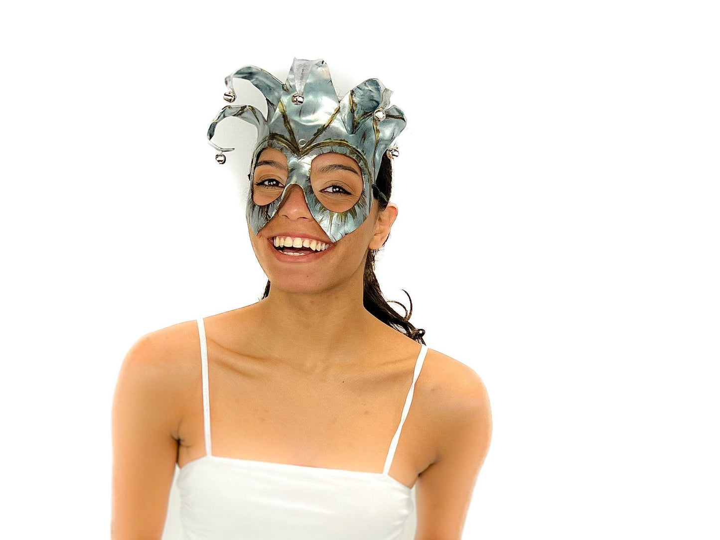 Handmade Genuine Leather Five Point Jester Mask in Patina Silver - 