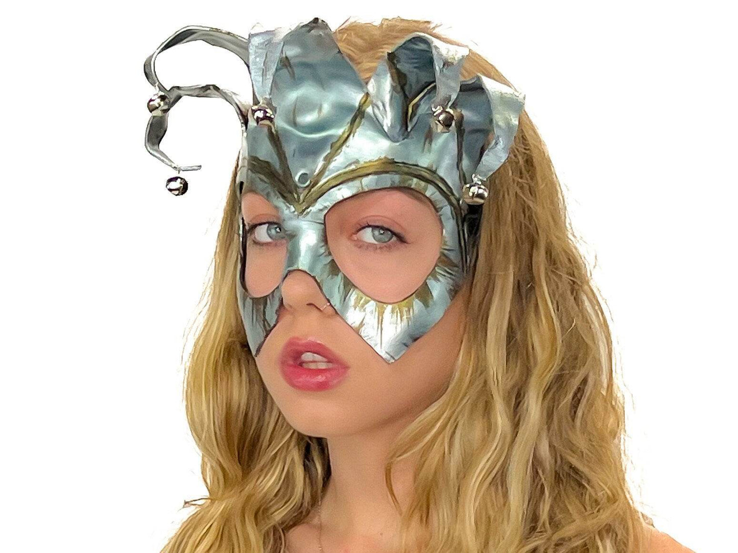 Handmade Genuine Leather Five Point Jester Mask in Patina Silver - 