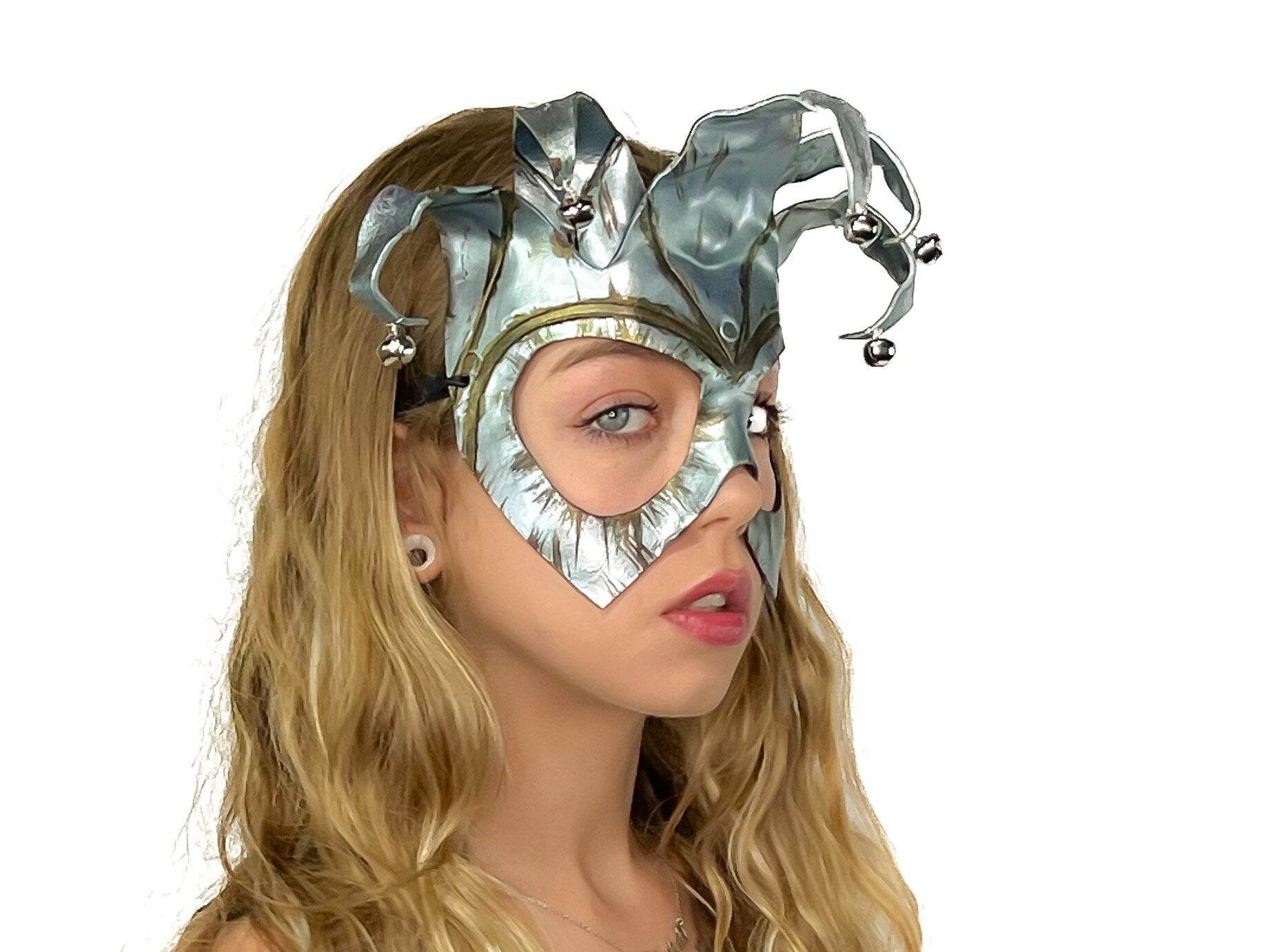 Handmade Genuine Leather Five Point Jester Mask in Patina Silver - 