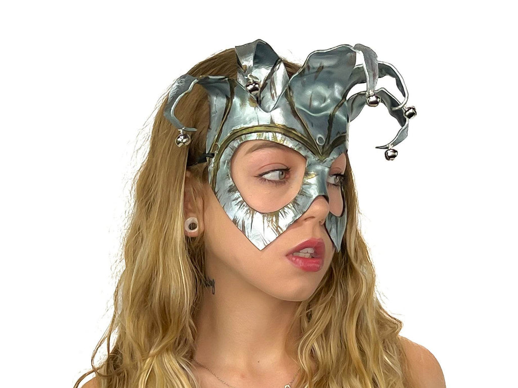 Handmade Genuine Leather Five Point Jester Mask in Patina Silver - 