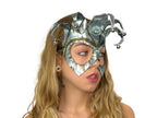 Handmade Genuine Leather Five Point Jester Mask in Patina Silver - 