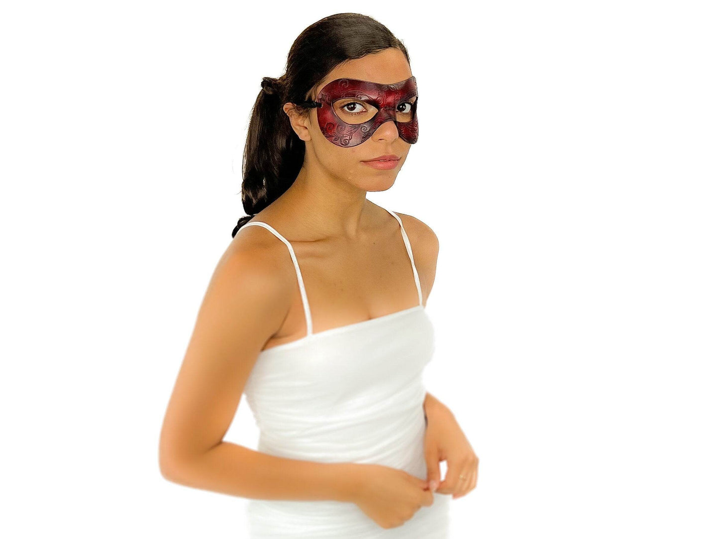 Ornate Masquerade Handmade Genuine Leather Eye Mask in Red and Black - 