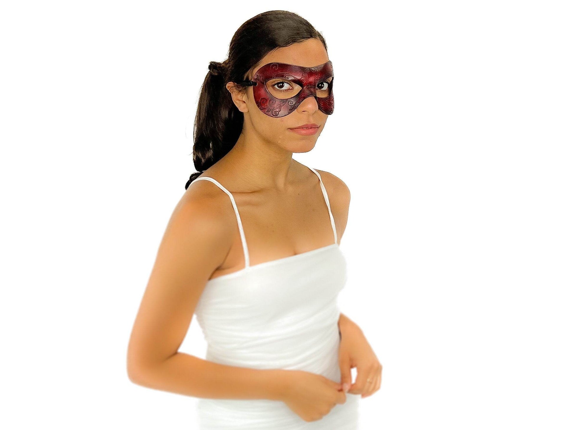 Ornate Masquerade Handmade Genuine Leather Eye Mask in Red and Black - 