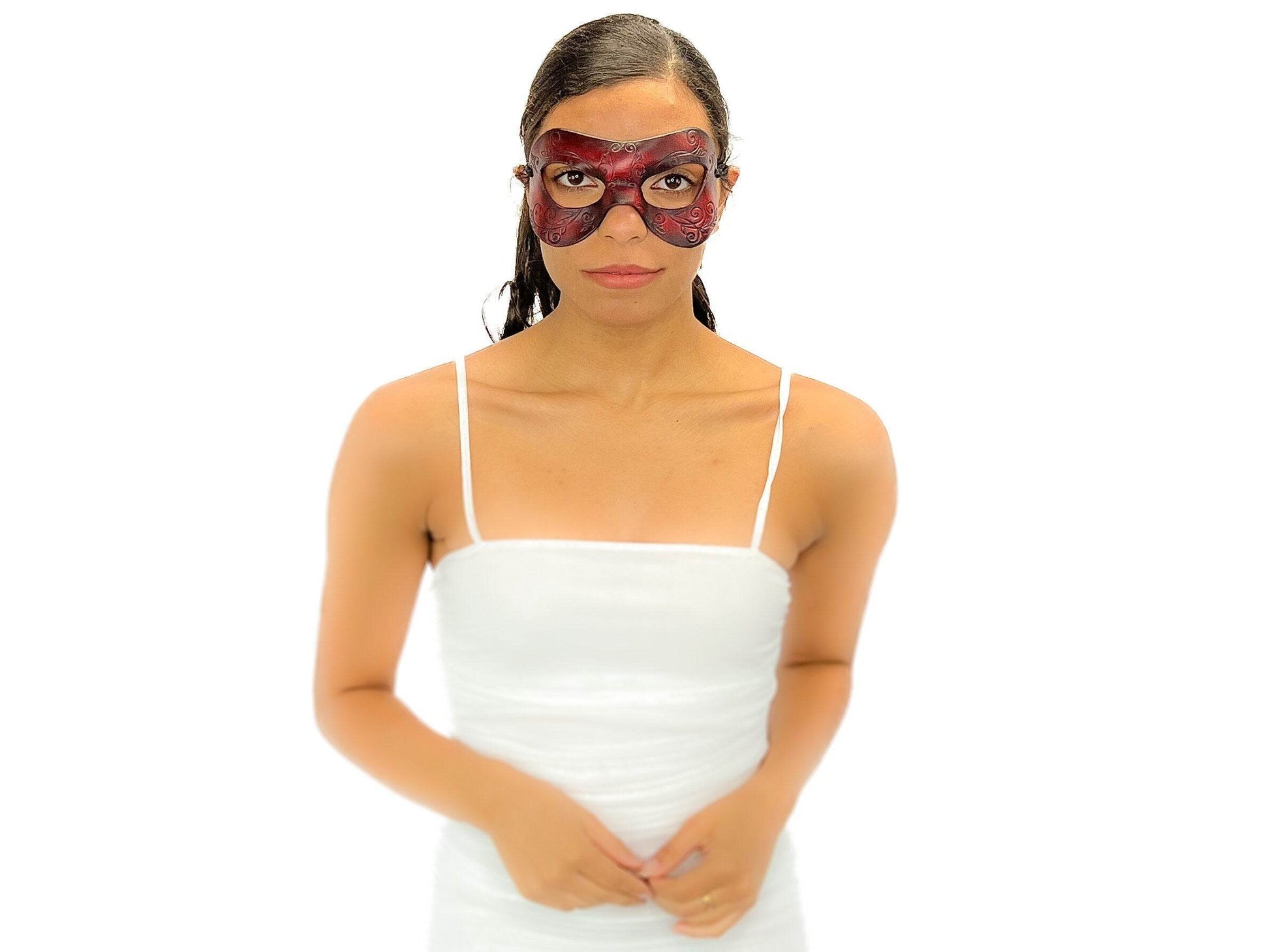 Ornate Masquerade Handmade Genuine Leather Eye Mask in Red and Black - 