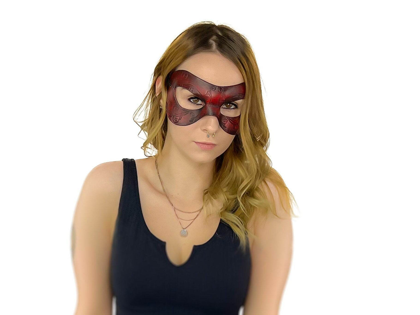 Ornate Masquerade Handmade Genuine Leather Eye Mask in Red and Black - 