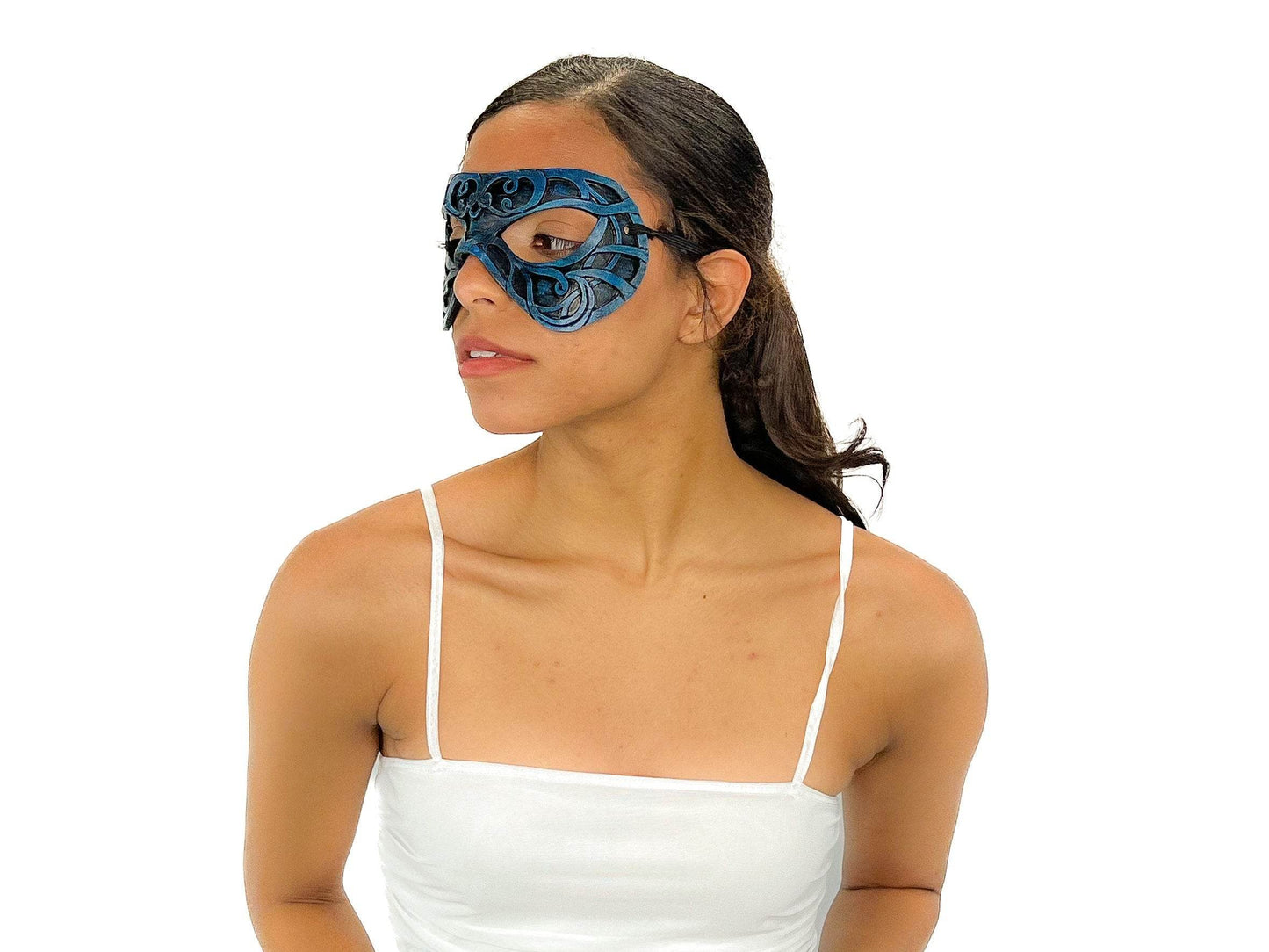 Dual Layer Ornate Masquerade Handmade Genuine Leather Eye Mask in Blue and Black - 