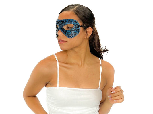 Dual Layer Ornate Masquerade Handmade Genuine Leather Eye Mask in Blue and Black - 