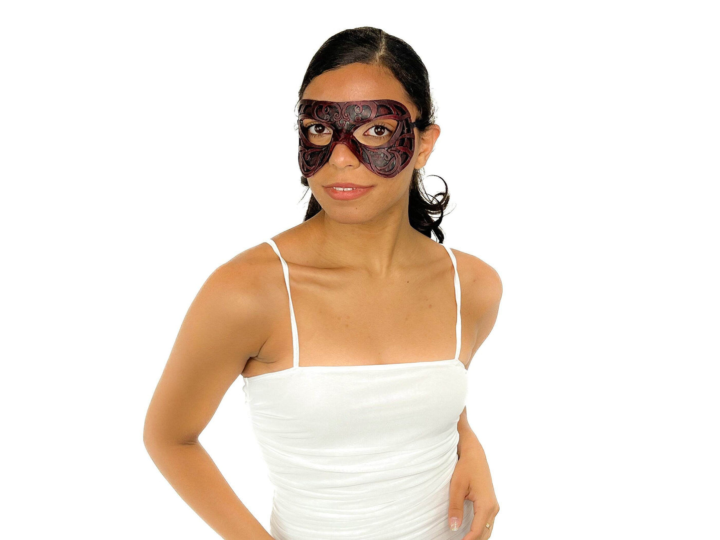 Dual Layer Ornate Masquerade Handmade Genuine Leather Eye Mask in Red - 