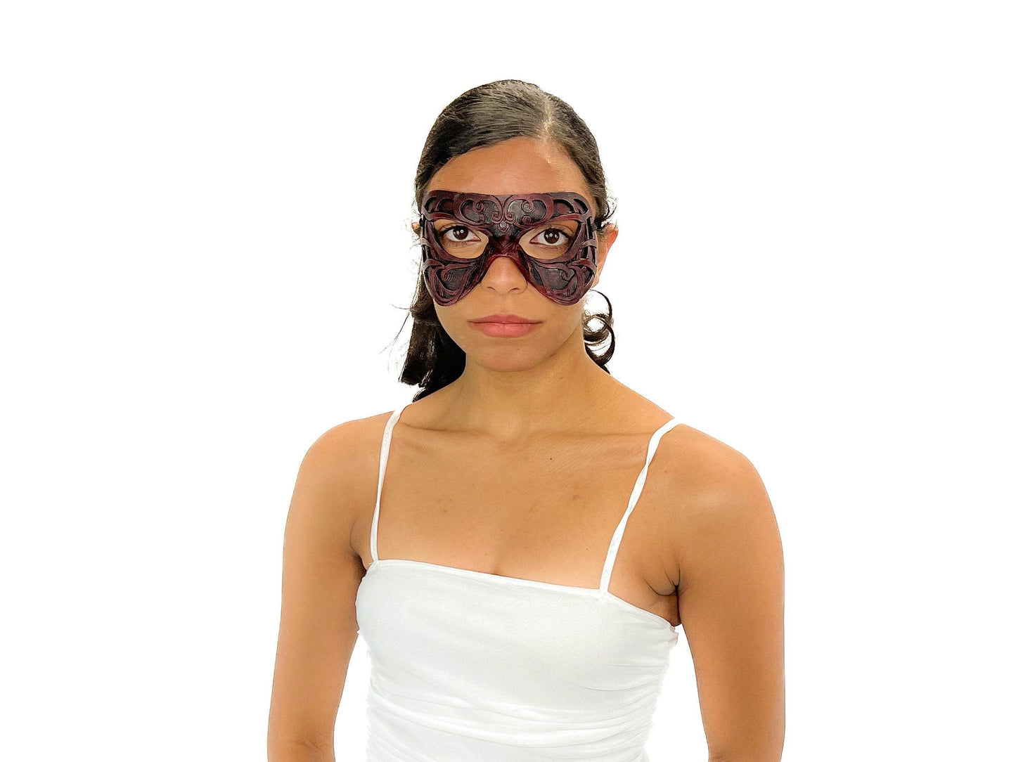 Dual Layer Ornate Masquerade Handmade Genuine Leather Eye Mask in Red - 