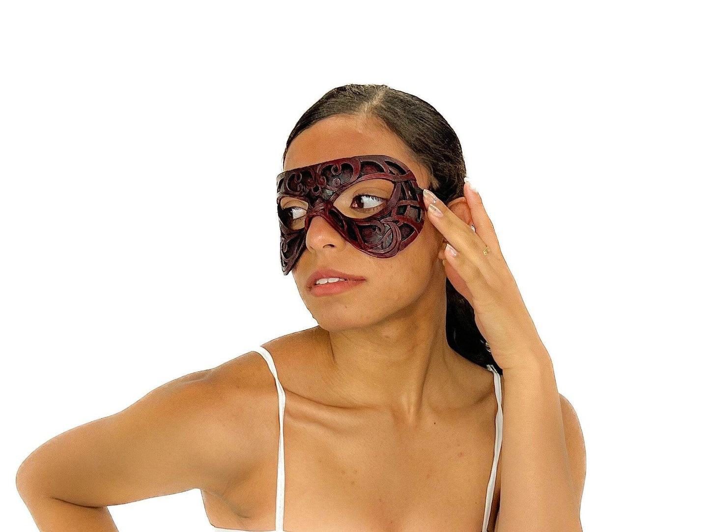 Dual Layer Ornate Masquerade Handmade Genuine Leather Eye Mask in Red - 