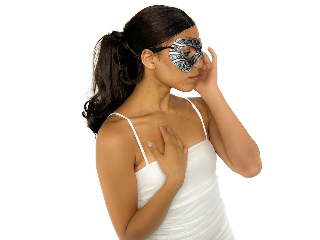 Dual Layer Ornate Masquerade Handmade Genuine Leather Eye Mask in Silver - 