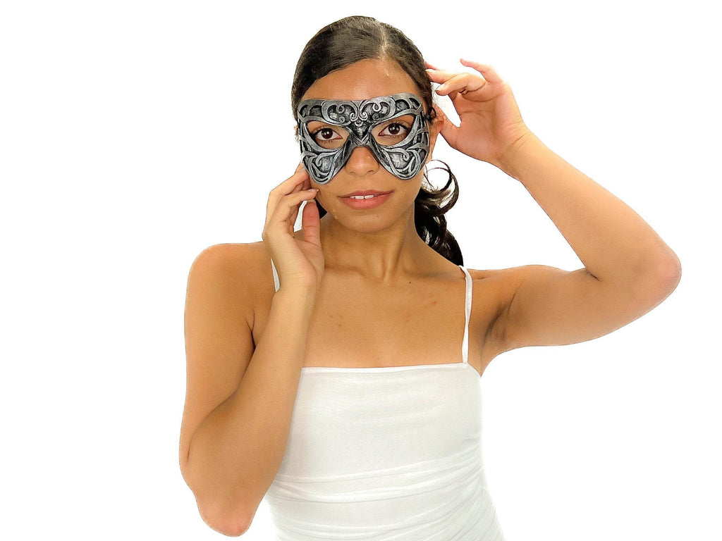 Dual Layer Ornate Masquerade Handmade Genuine Leather Eye Mask in Silver - 