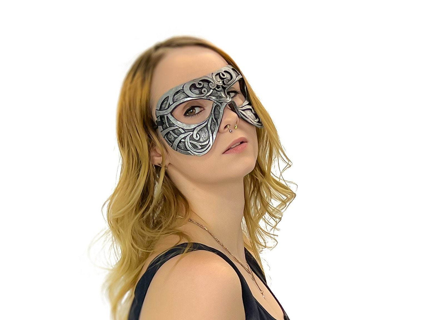 Dual Layer Ornate Masquerade Handmade Genuine Leather Eye Mask in Silver - 