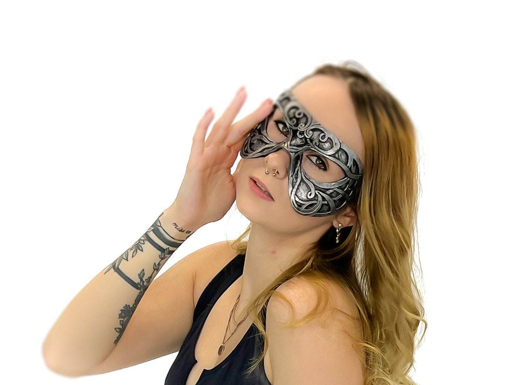 Dual Layer Ornate Masquerade Handmade Genuine Leather Eye Mask in Silver - 