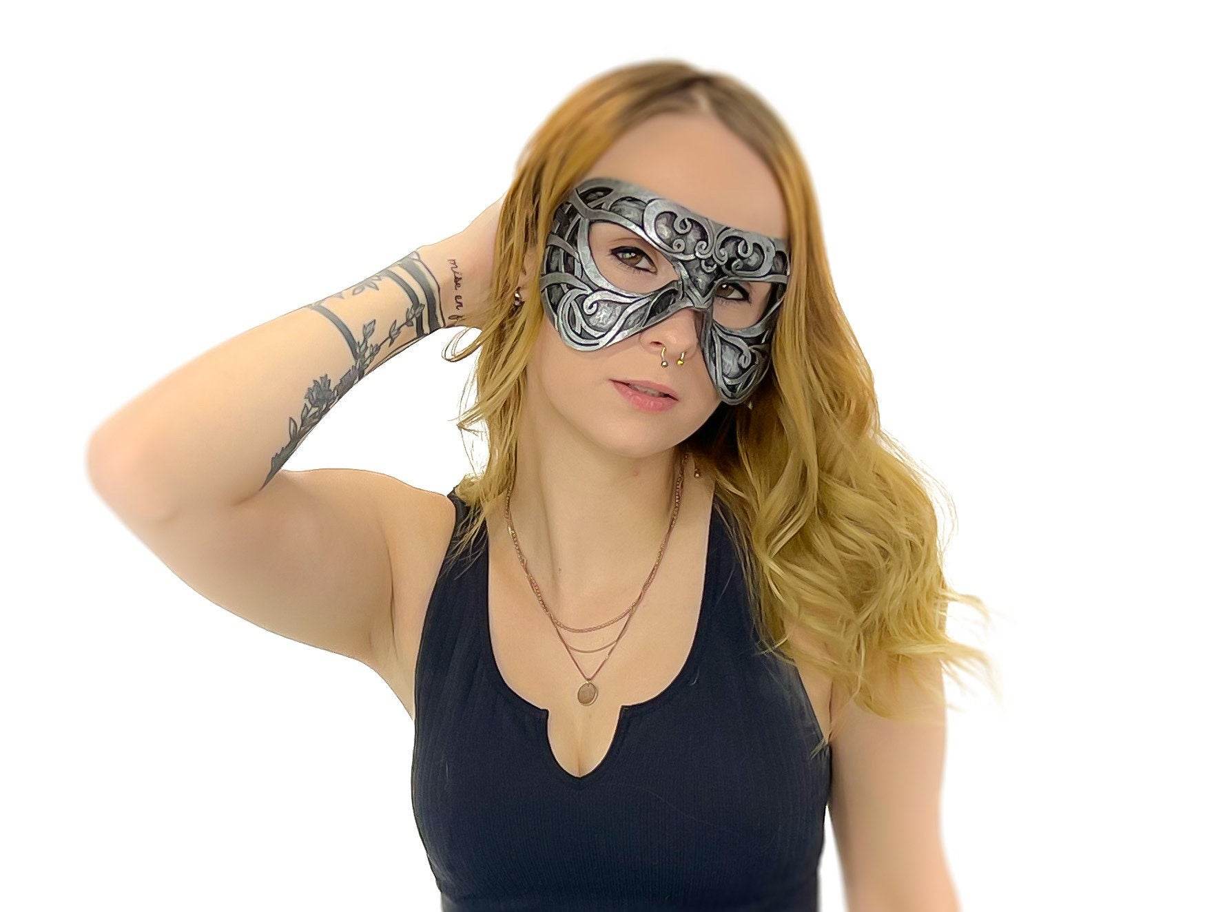Dual Layer Ornate Masquerade Handmade Genuine Leather Eye Mask in Silver - 