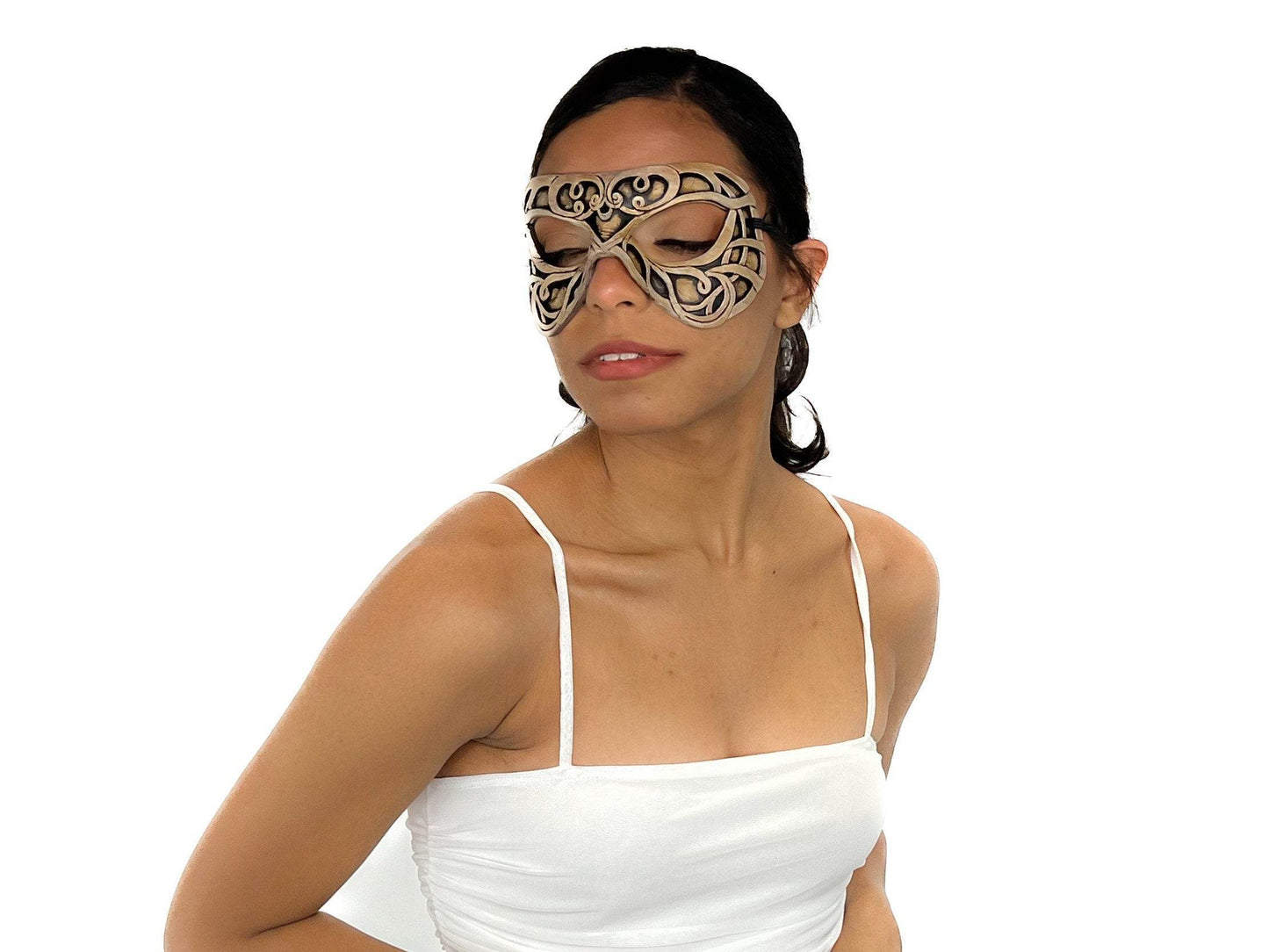 Dual Layer Ornate Masquerade Handmade Genuine Leather Eye Mask in Vintage Cream - 
