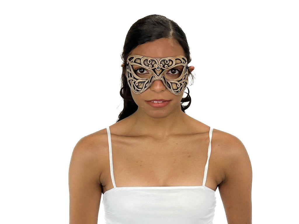 Dual Layer Ornate Masquerade Handmade Genuine Leather Eye Mask in Vintage Cream - 