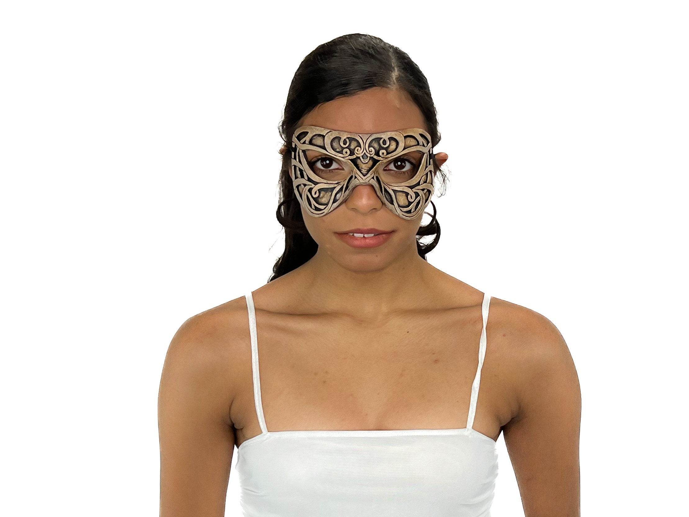Dual Layer Ornate Masquerade Handmade Genuine Leather Eye Mask in Vintage Cream - 