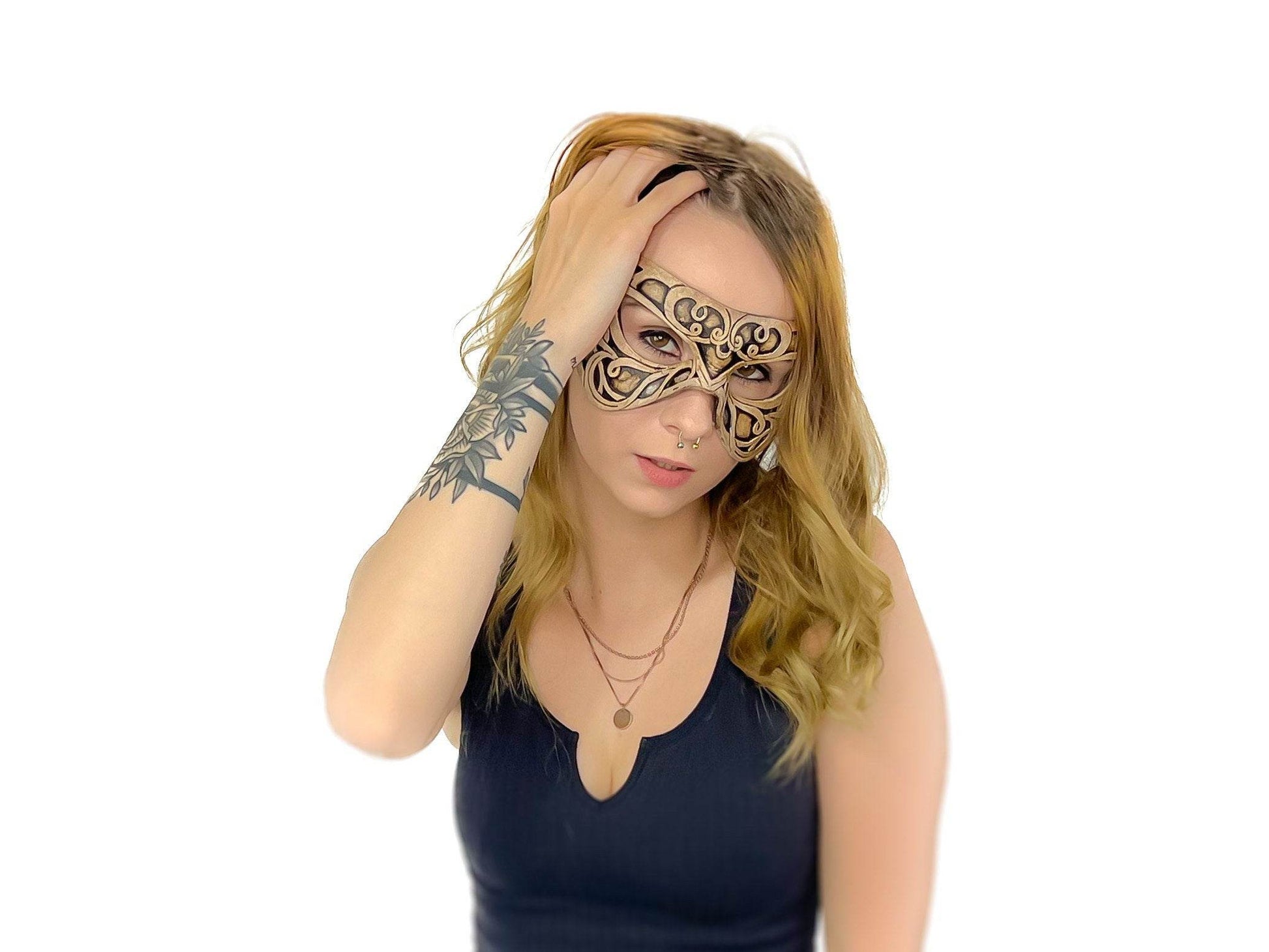 Dual Layer Ornate Masquerade Handmade Genuine Leather Eye Mask in Vintage Cream - 