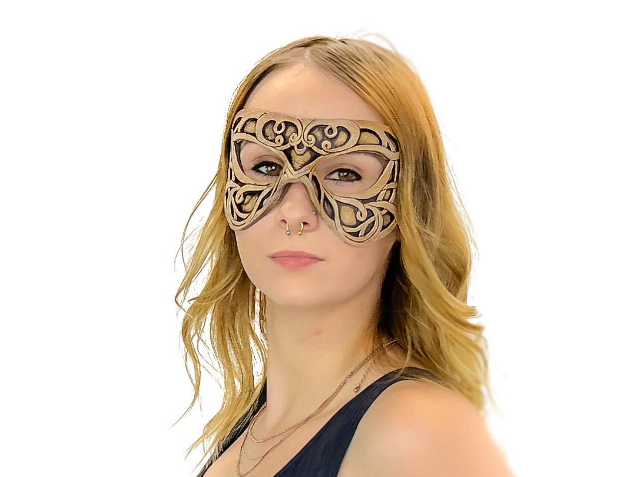 Dual Layer Ornate Masquerade Handmade Genuine Leather Eye Mask in Vintage Cream - 