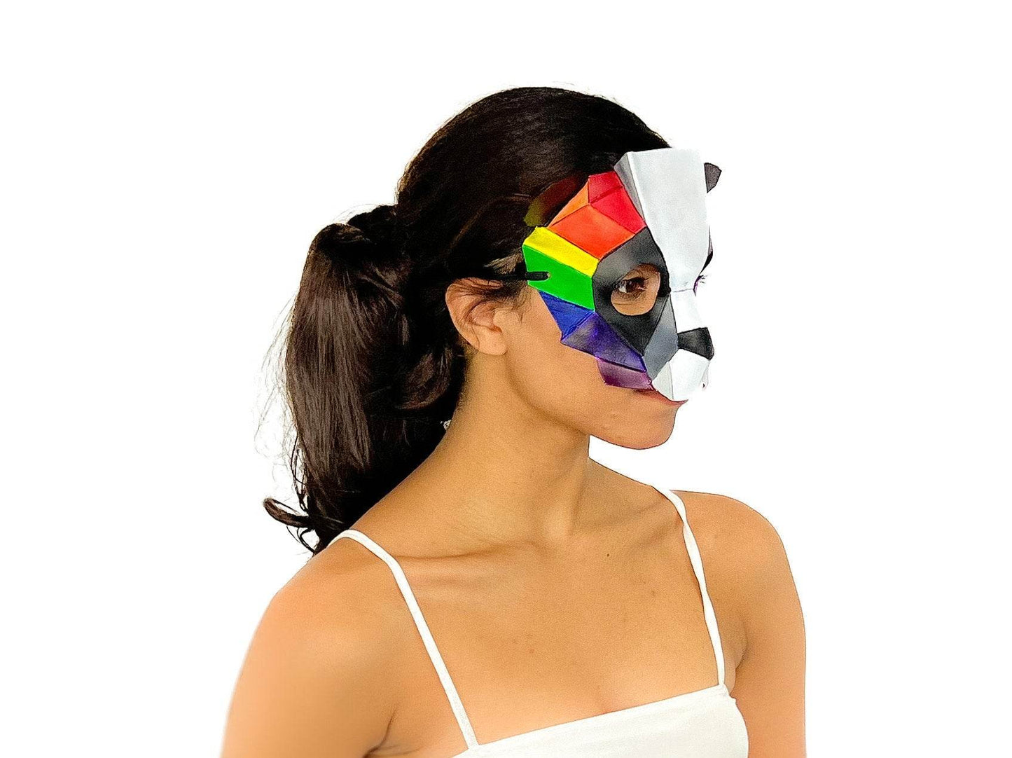Geometric Rainbow Panda Bear Leather Mask - 