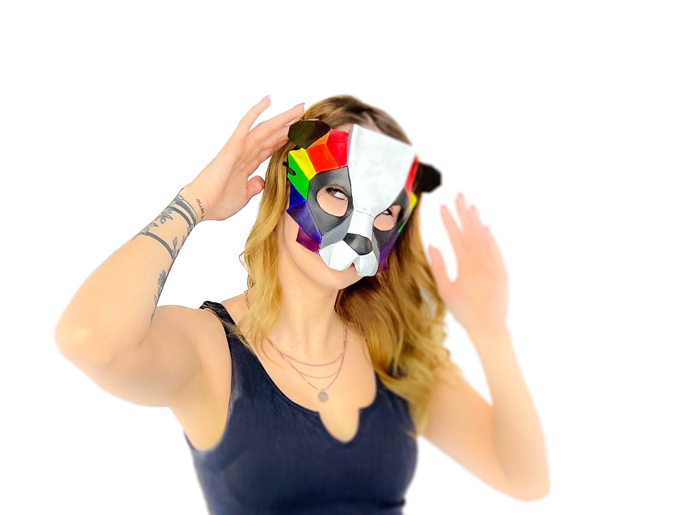 Geometric Rainbow Panda Bear Leather Mask - 