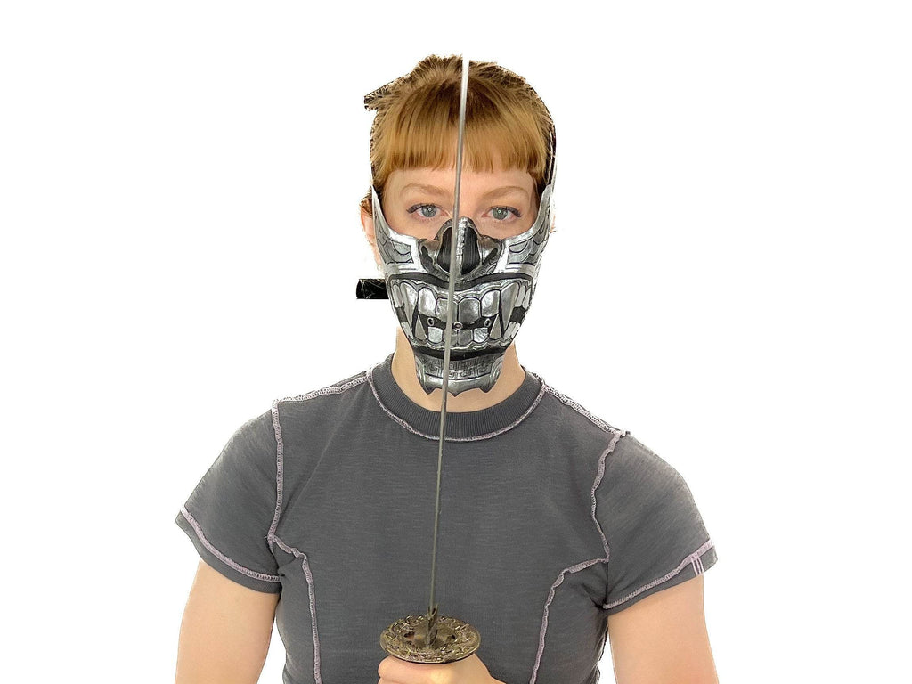 Silver Samurai Handmade Genuine Leather Riding Mask - 