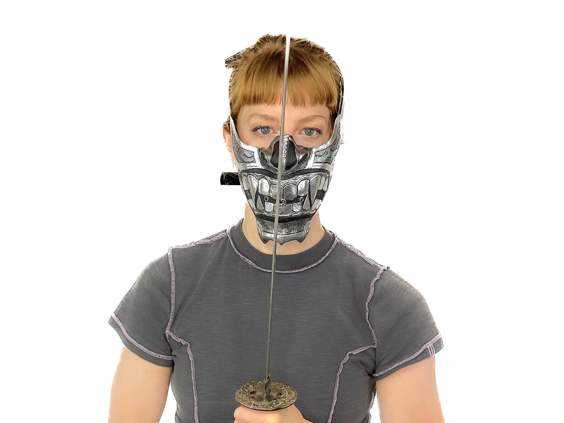 Silver Samurai Handmade Genuine Leather Riding Mask - 