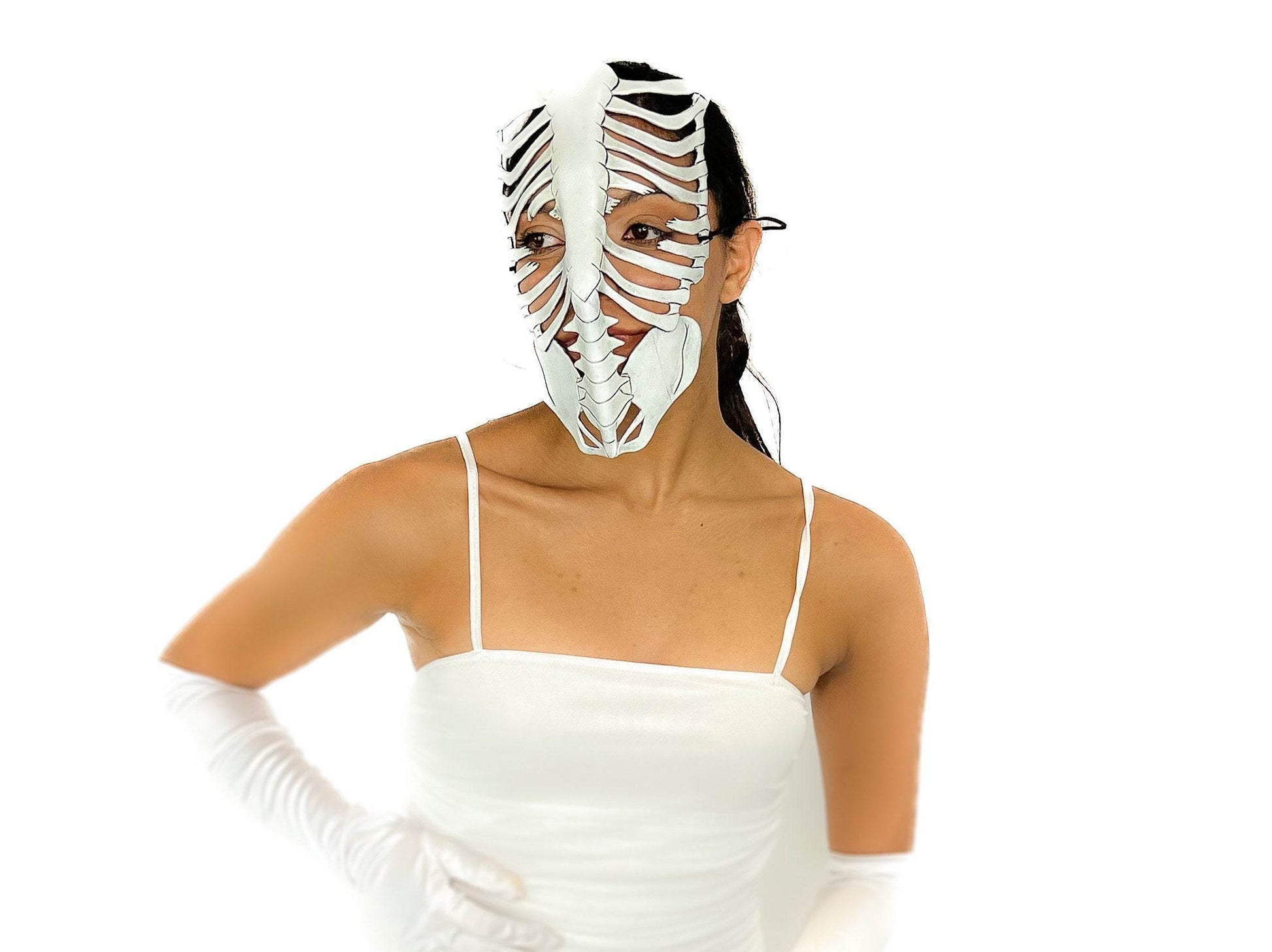 Skeleton Handmade Genuine Leather Mask in White - 