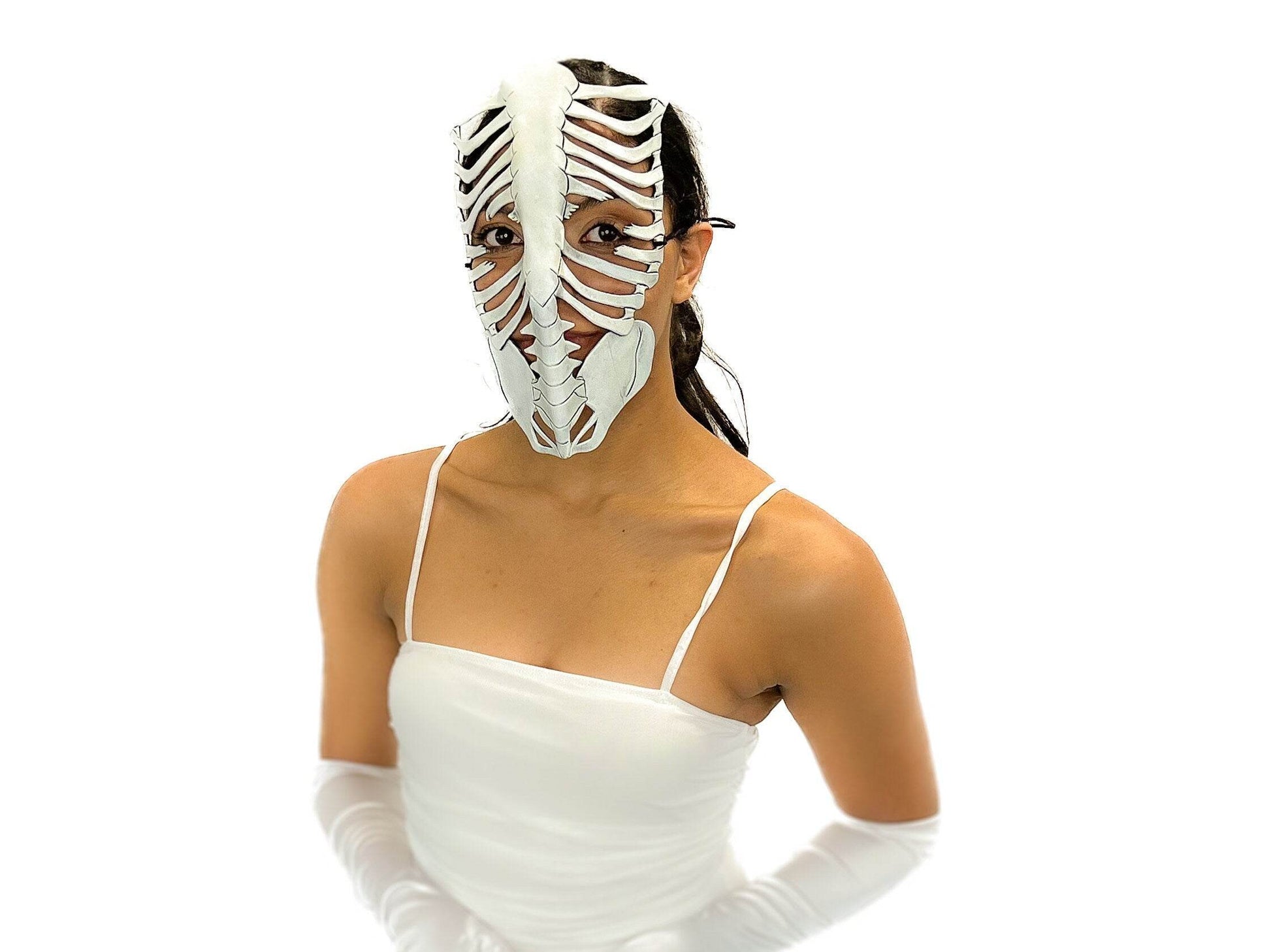 Skeleton Handmade Genuine Leather Mask in White - 
