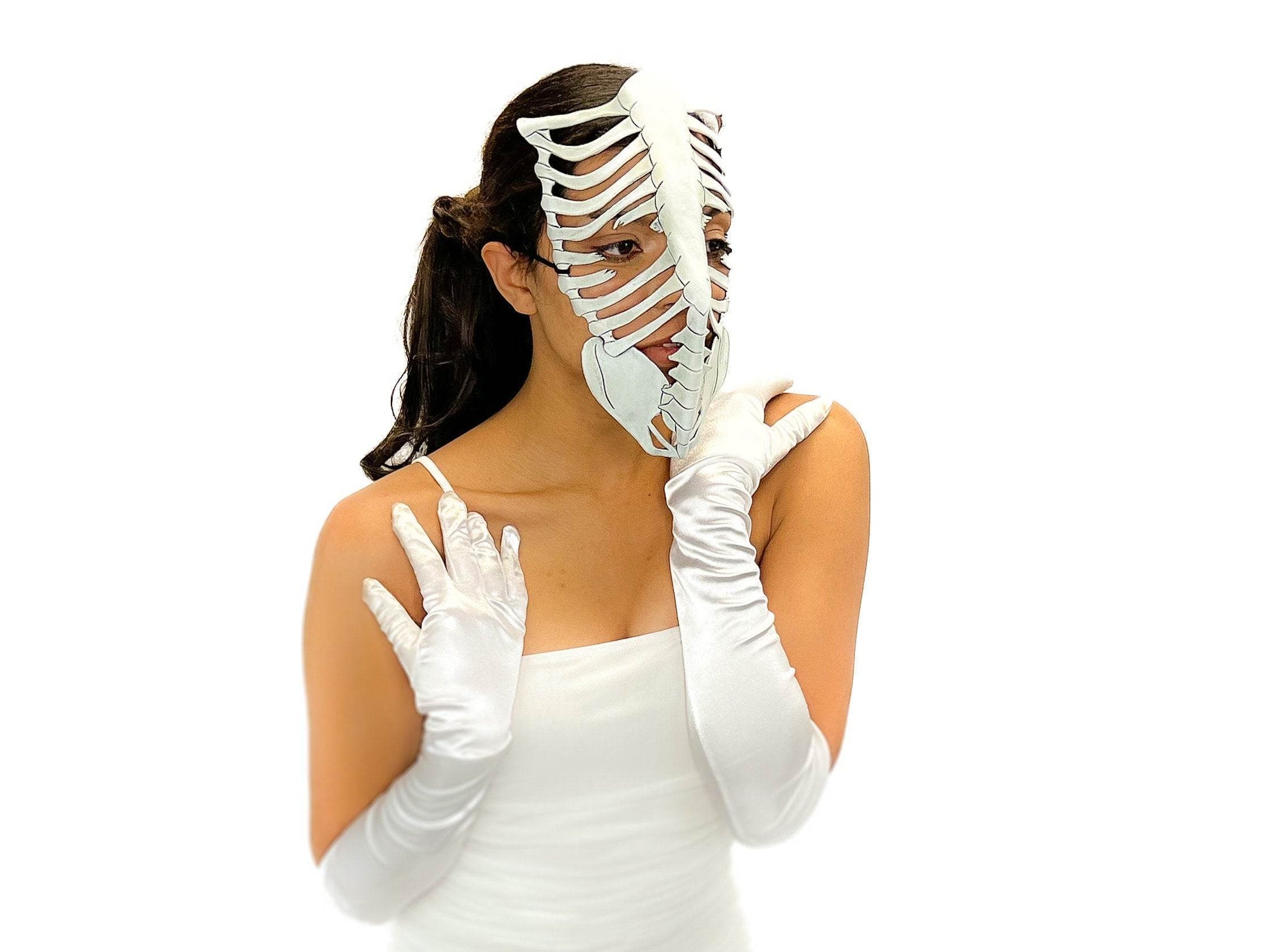 Skeleton Handmade Genuine Leather Mask in White - 