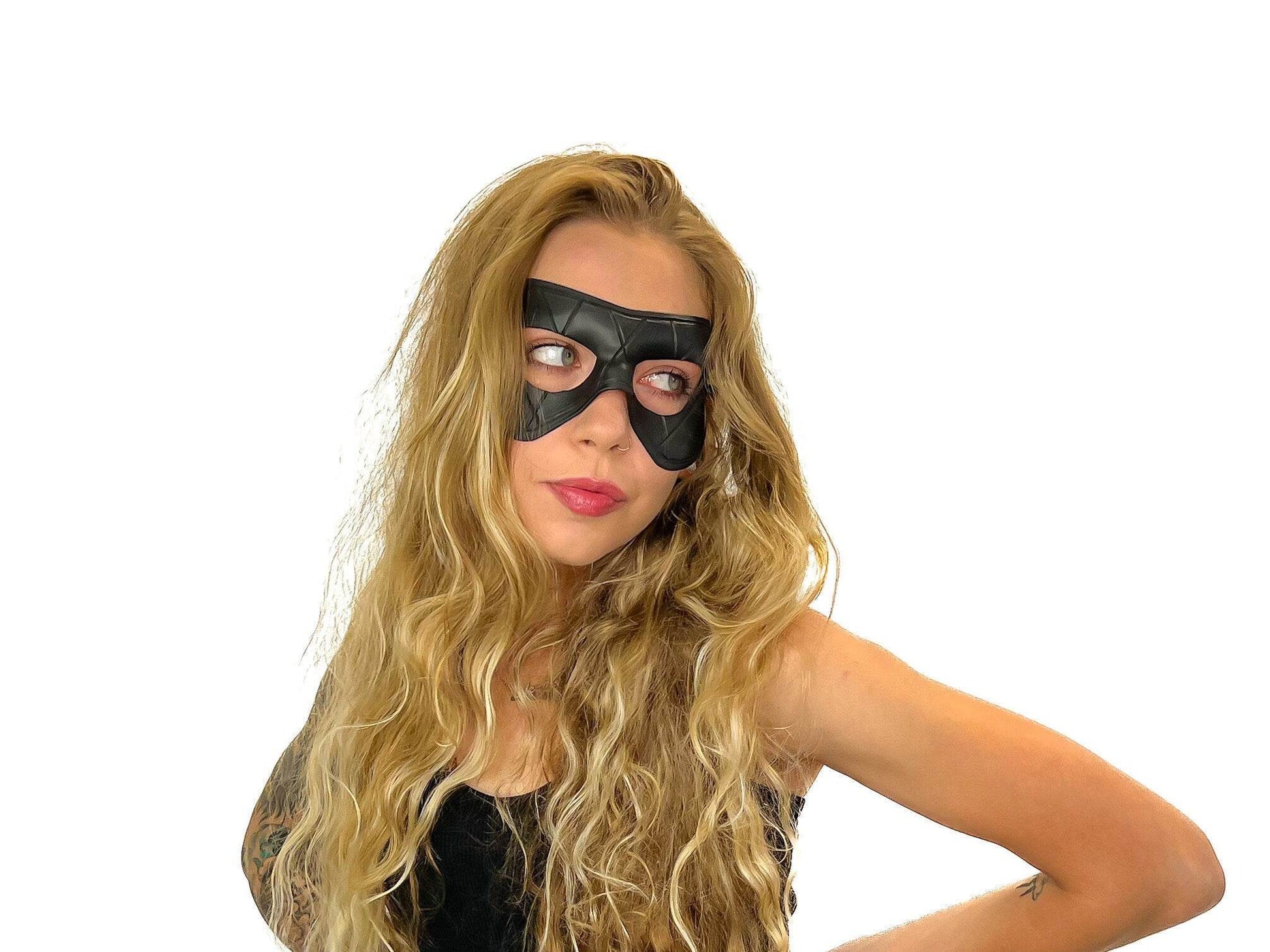 Compact Harlequin Handmade Genuine Leather Mask in Solid Black - 