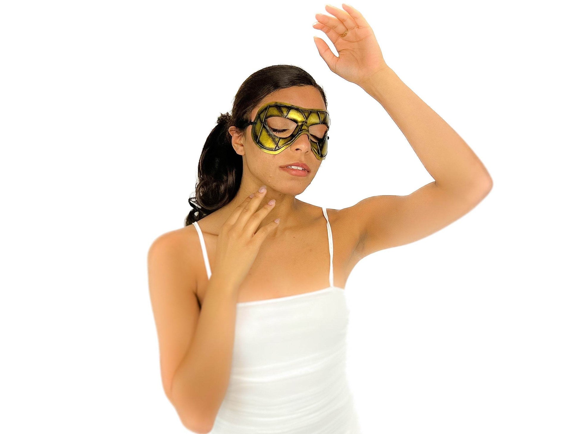 Compact Harlequin Handmade Genuine Leather Mask in Gold - 