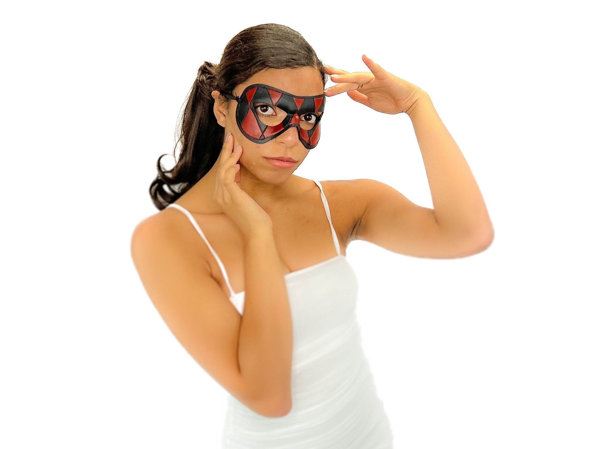 Compact Harlequin Handmade Genuine Leather Mask in Red and Black - 