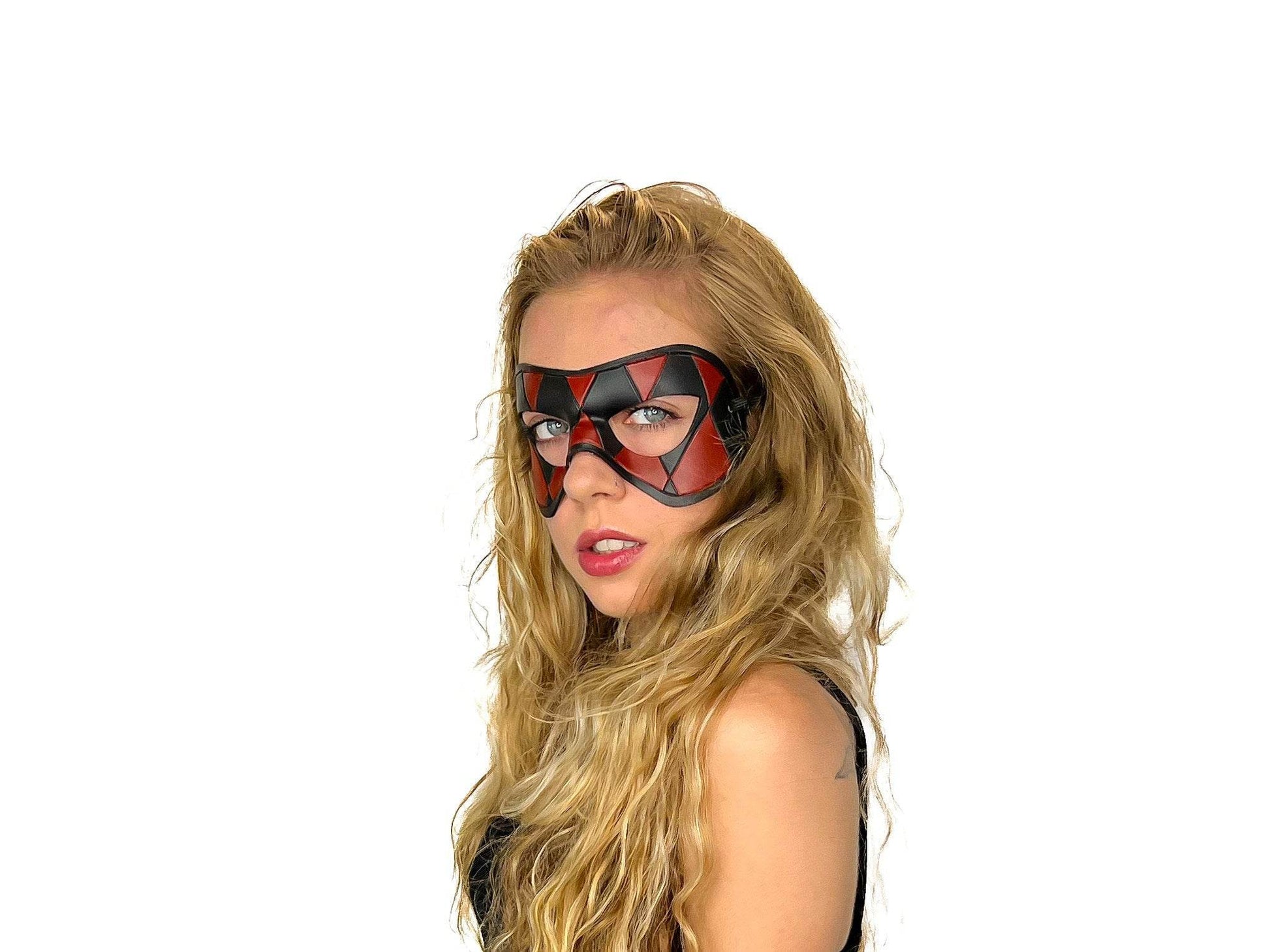 Compact Harlequin Handmade Genuine Leather Mask in Red and Black - 