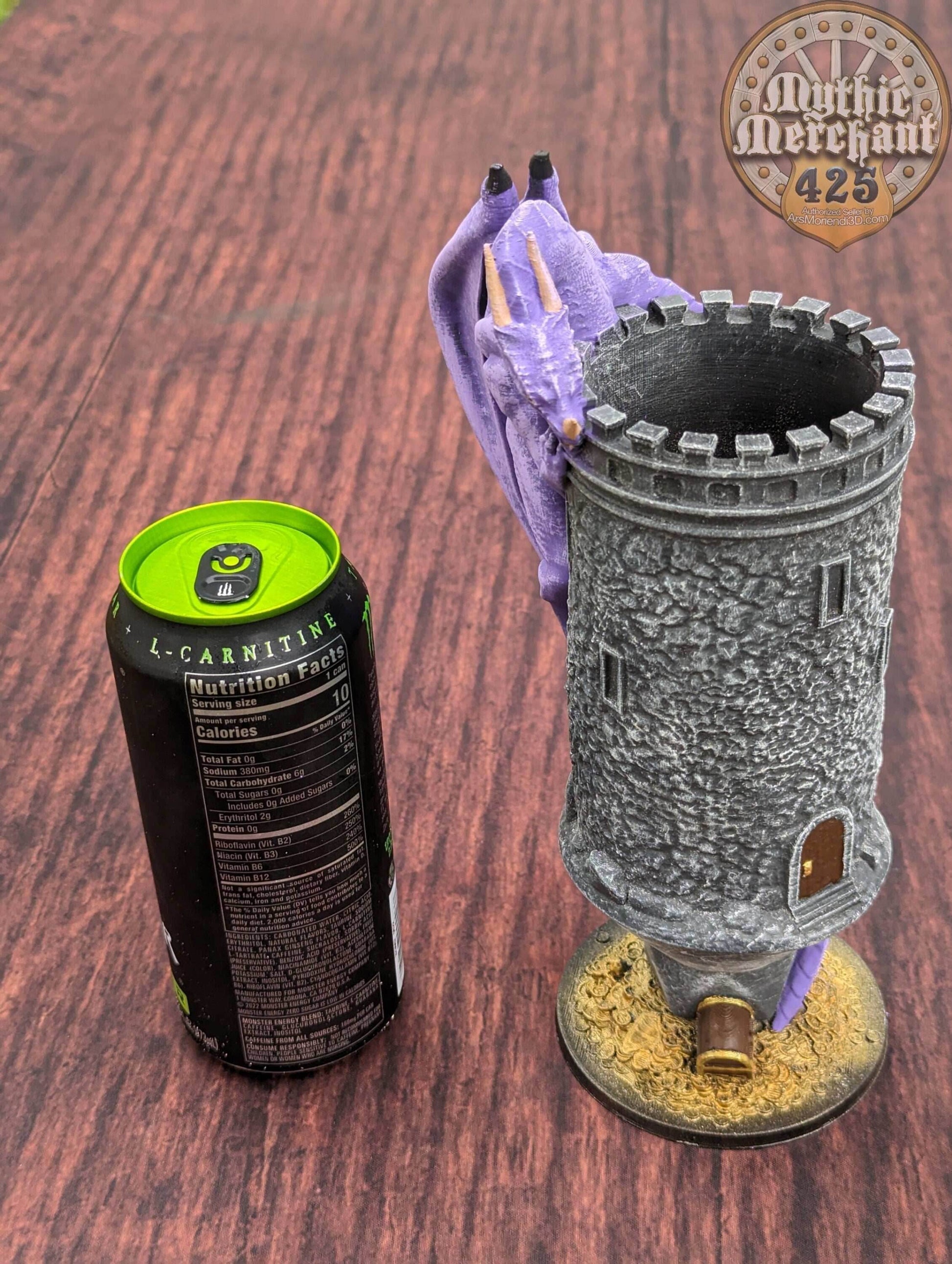 Dungeon Master 3D Printed Koozie- Dragon Can Holder- Mythic Mugs by Ars Moriendi 3D- Unleash Your Inner Game Master! - Black / Threaded with Lid
