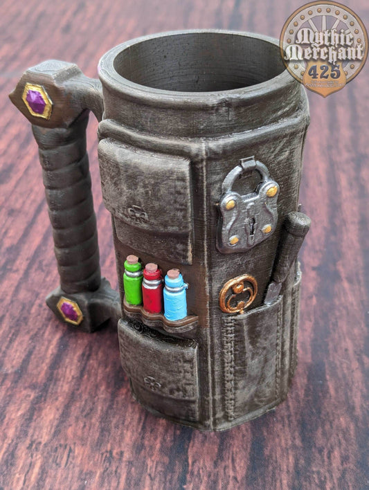 Rogue-Thief Mythic Mug Dice Vault & Can Holder- Mythic Mugs- Ars Moriendi 3D- Unleash Devious Delights! - Black / Threaded with Lid
