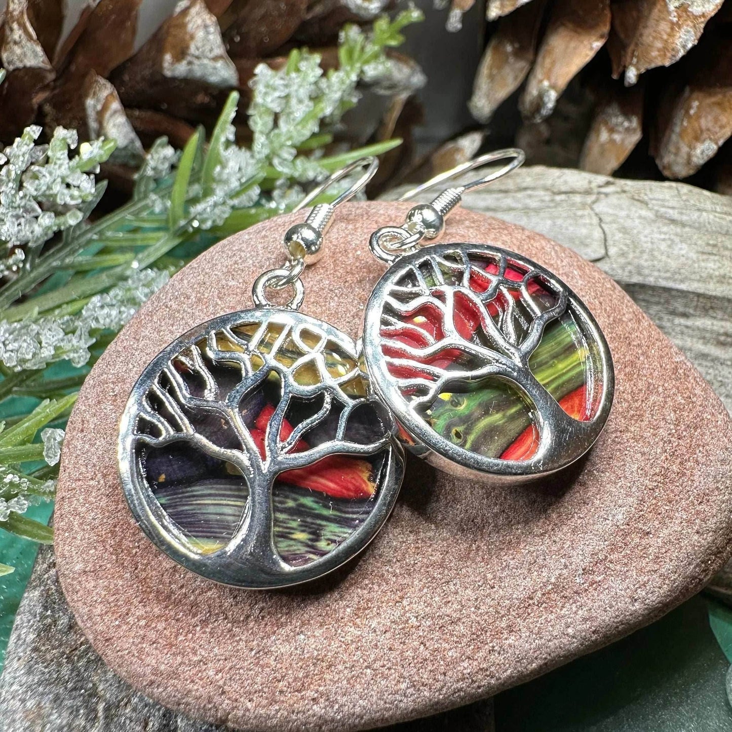 Heathergems Tree of Life Earrings - Green/Red/Gold