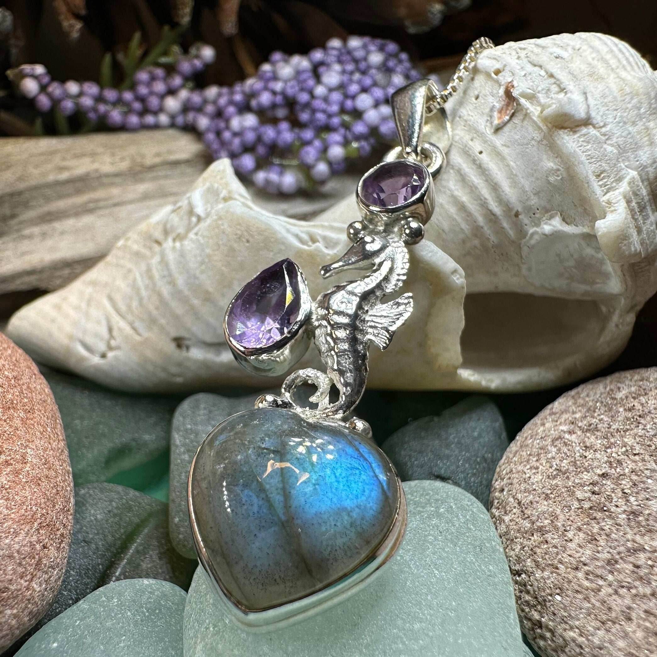 Seamist Seahorse Labradorite Necklace - 18 / Amethyst
