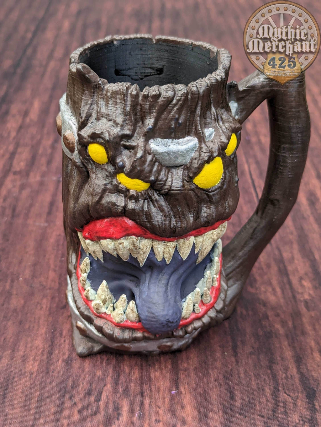 Mimic 3D Printed Can Holder- Mythic Mugs Collection by Ars Moriendi 3D- Beware the Jaws of the Mimic! - Black / Threaded with Lid