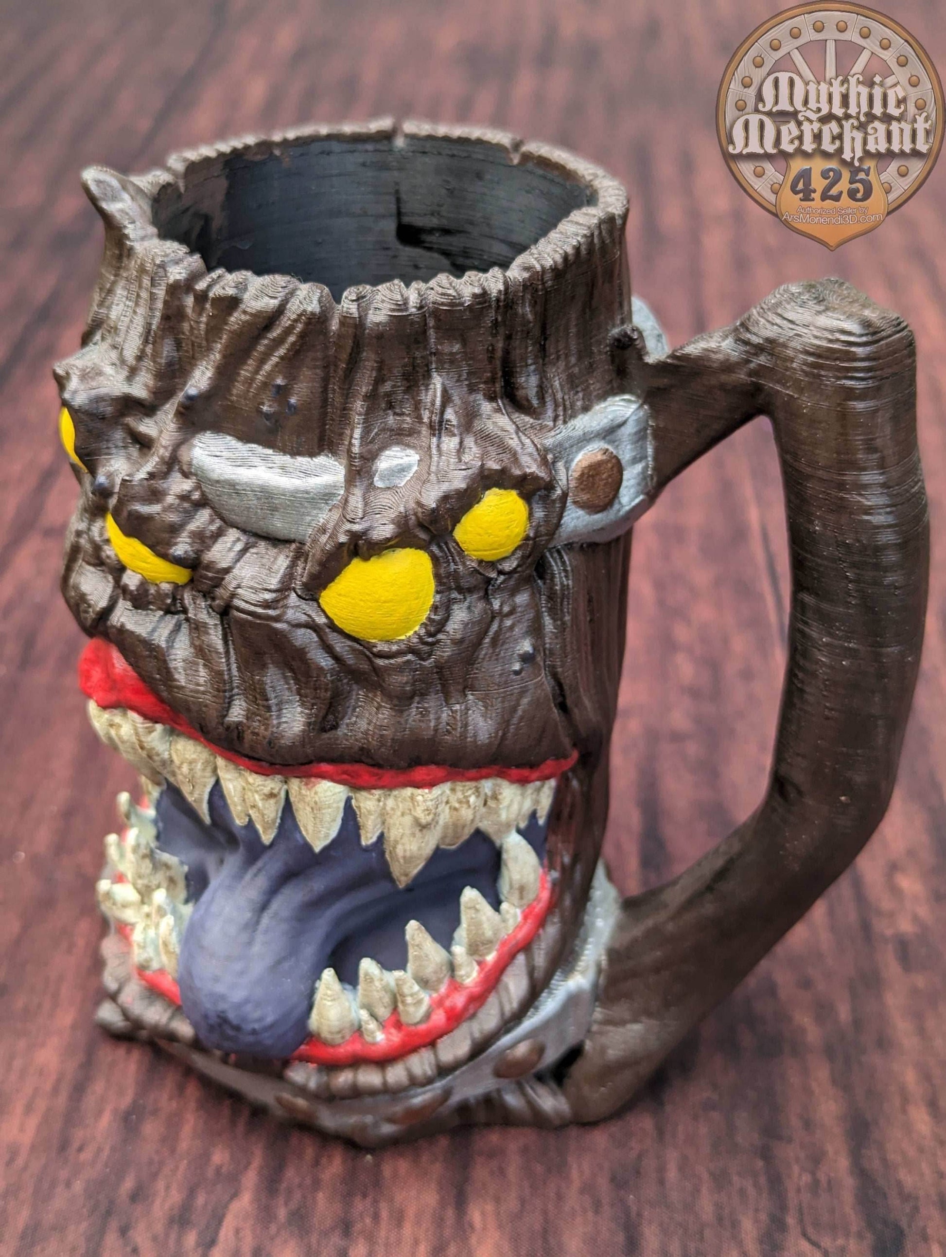 Mimic 3D Printed Can Holder- Mythic Mugs Collection by Ars Moriendi 3D- Beware the Jaws of the Mimic! - Black / Threaded with Lid