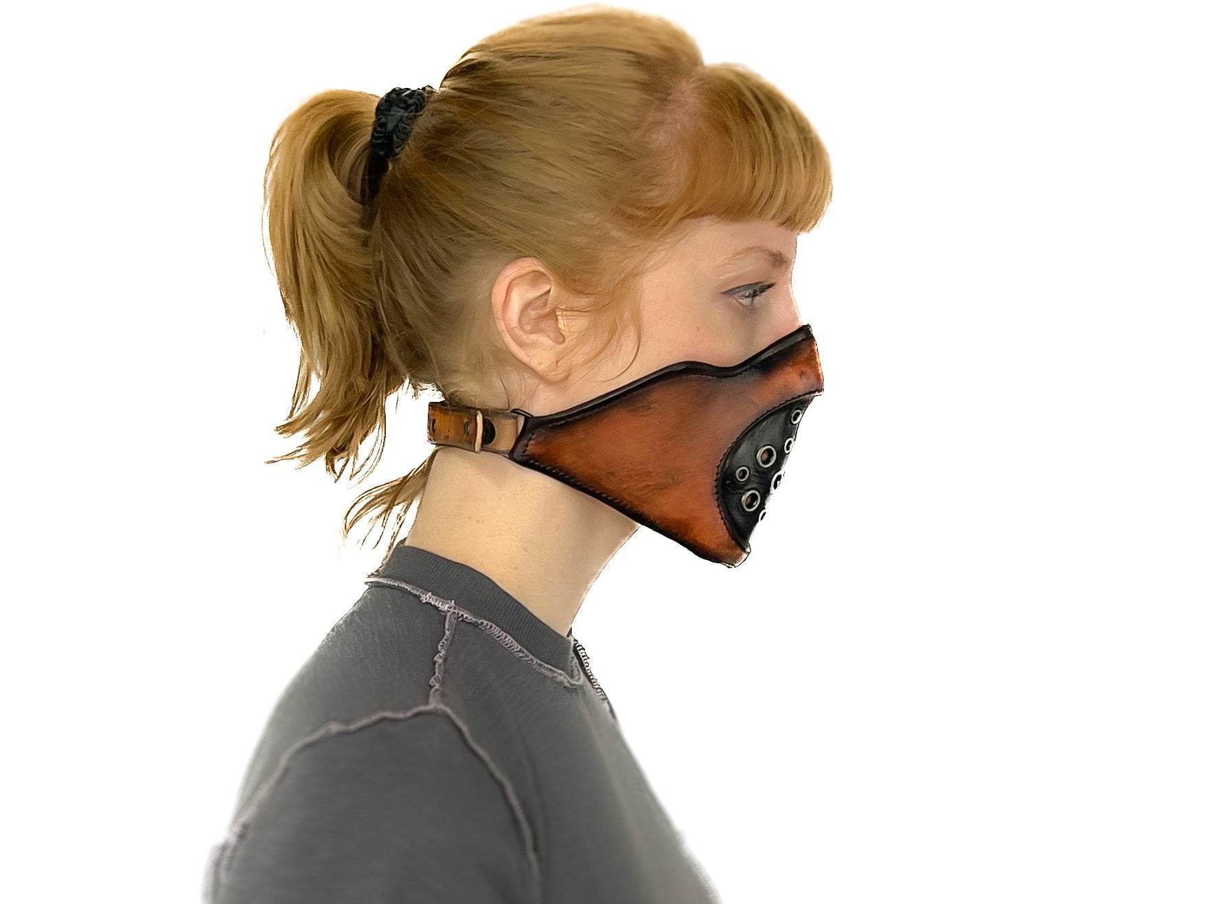 Fully Customizable and Personalizable Two Point Handcrafted Genuine Leather Mouth Riding Mask - Tan