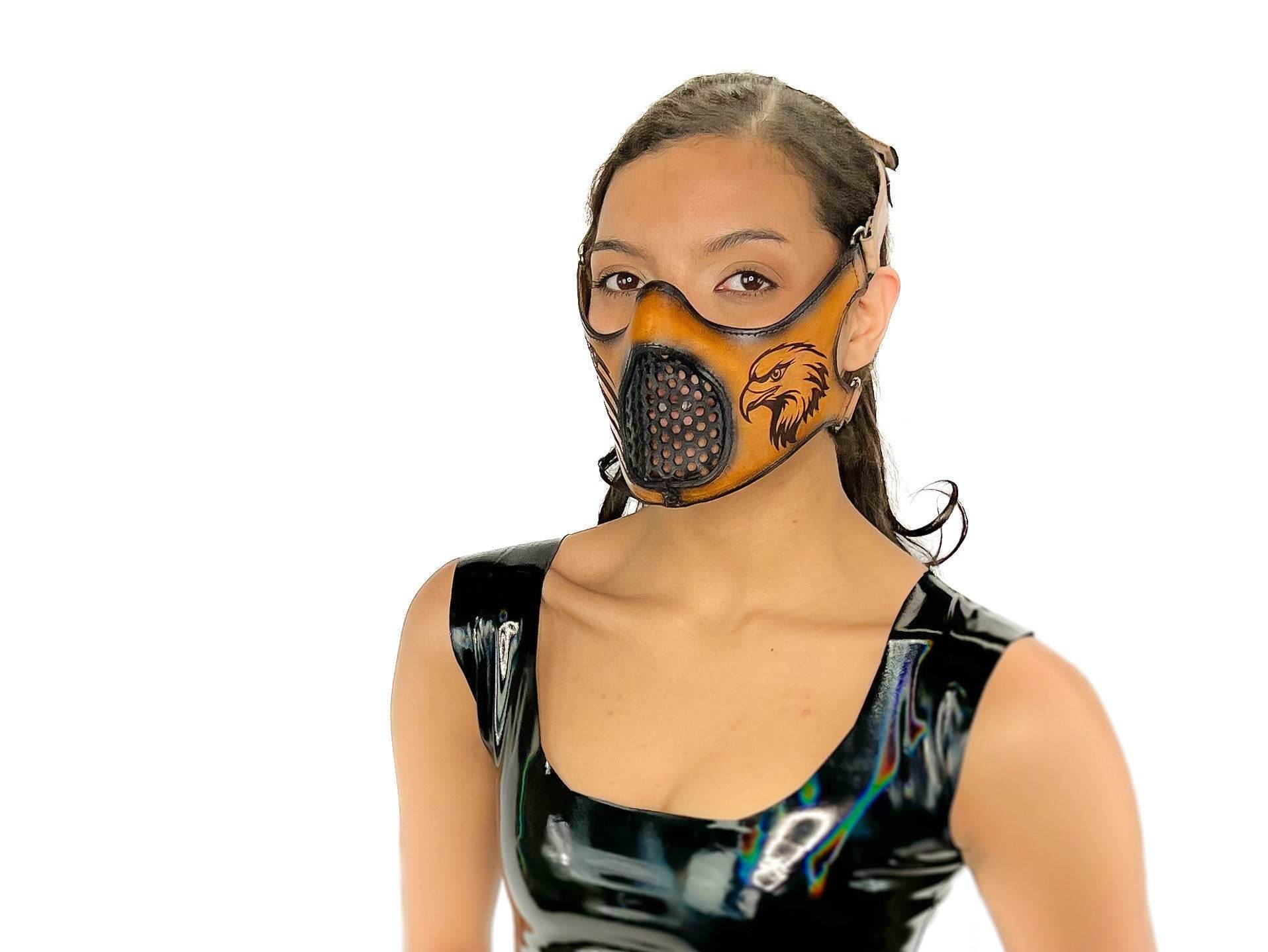 Fully Customizable and Personalizable Four Point Handcrafted Genuine Leather Mouth Riding Mask - Tan