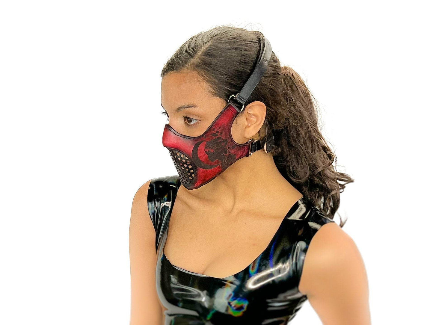 Fully Customizable and Personalizable Four Point Handcrafted Genuine Leather Mouth Riding Mask - Tan