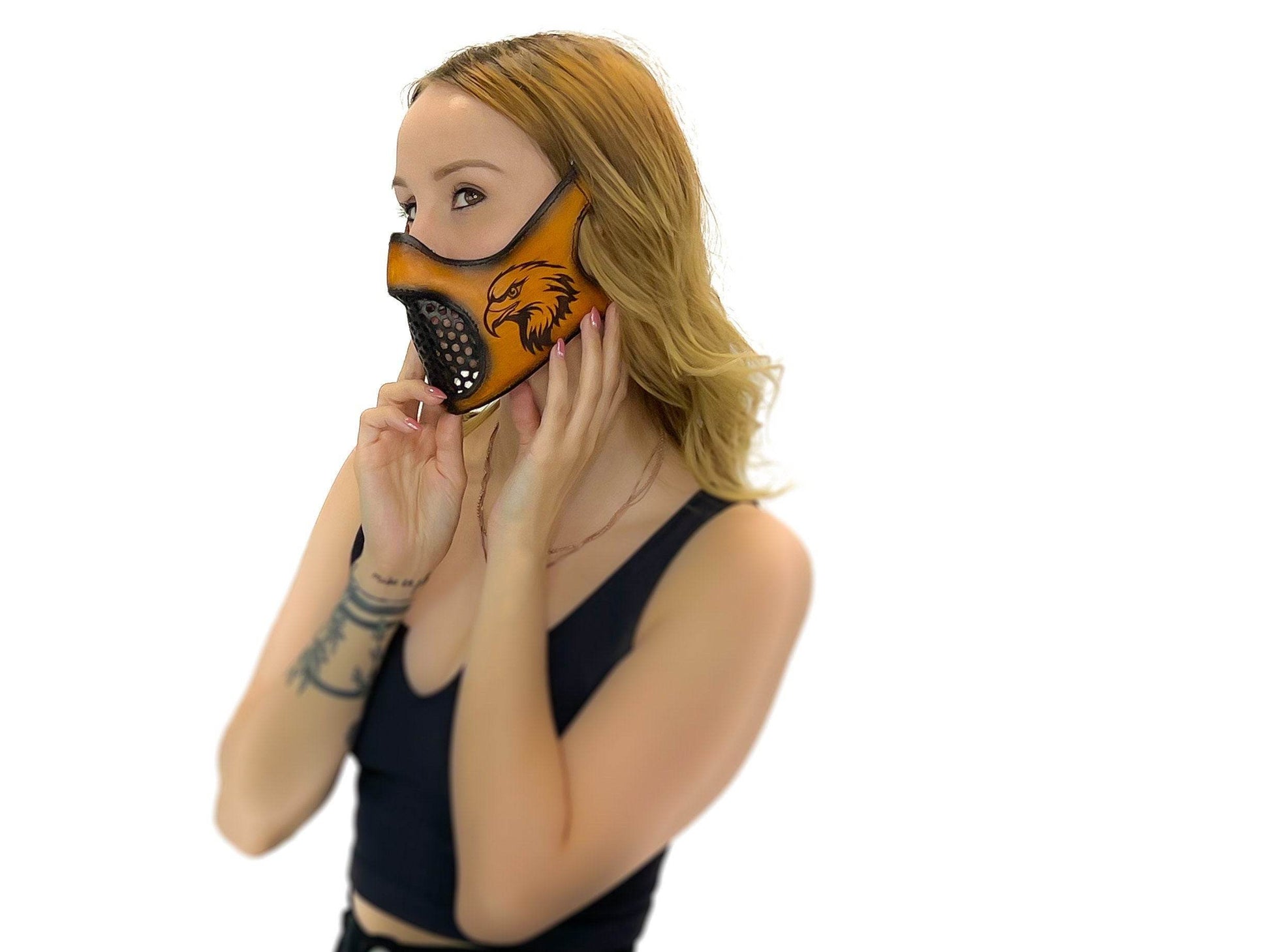 Fully Customizable and Personalizable Four Point Handcrafted Genuine Leather Mouth Riding Mask - Tan