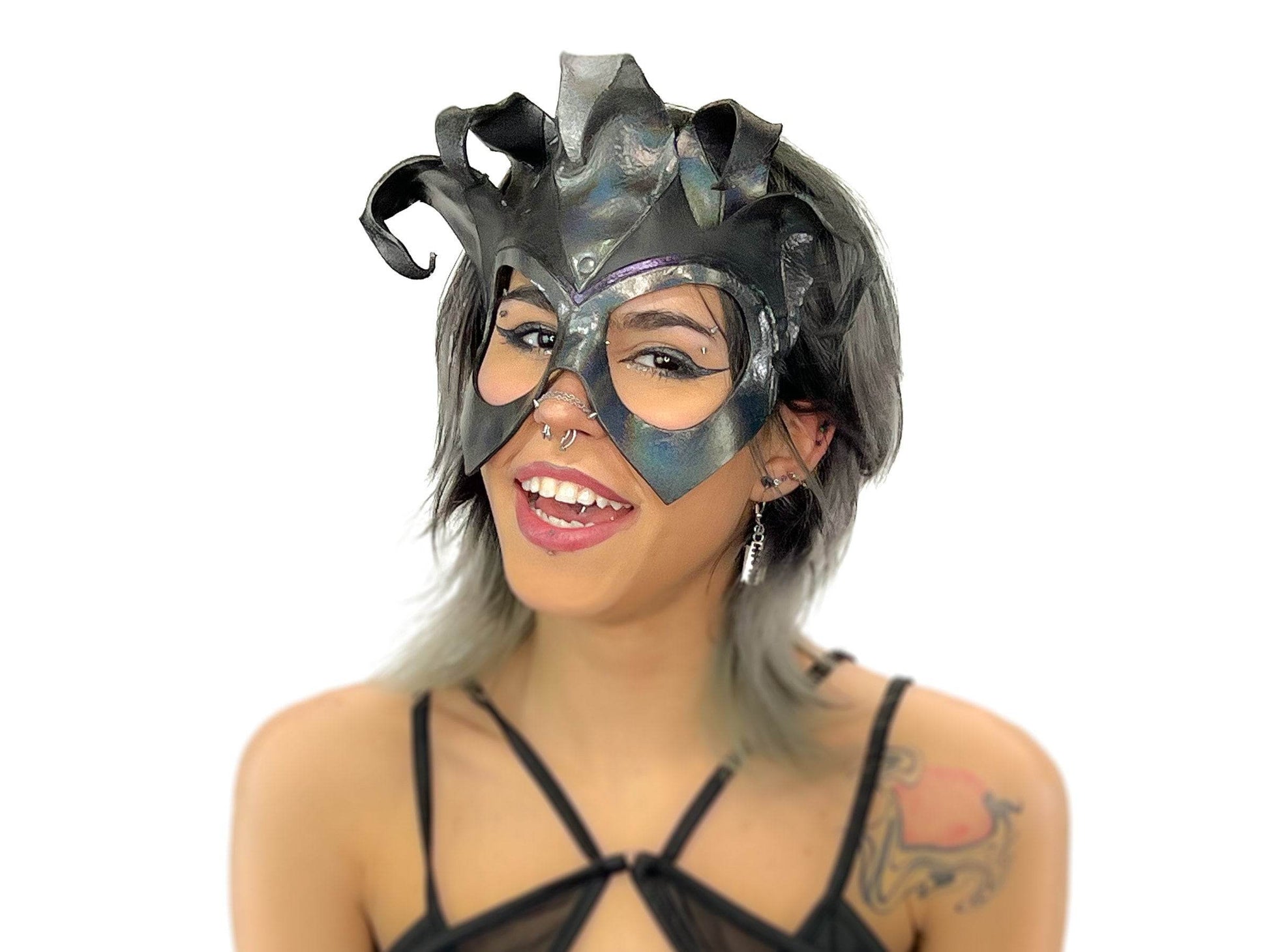 Handmade Genuine Leather Five Point Jester Mask in cosmic silver and Black No Bells - 